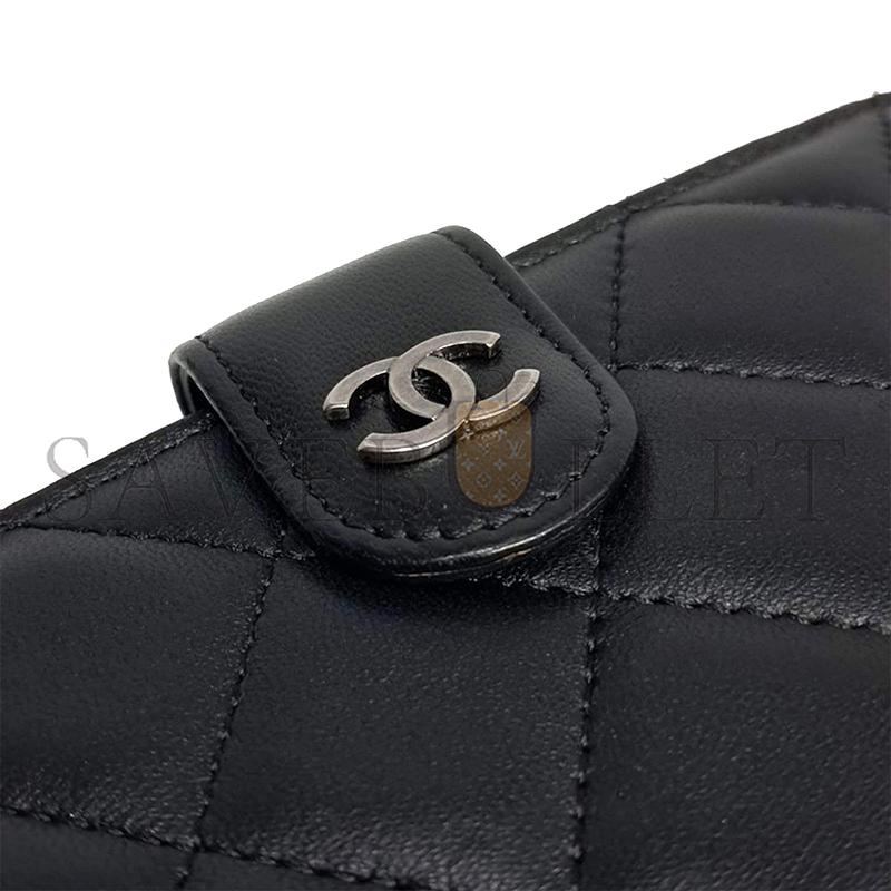 CHANEL BLACK QUILTED LAMBSKIN LEATHER L-ZIP COMPACT FRENCH PURSE WALLET A48667 (15*10*2.5cm)